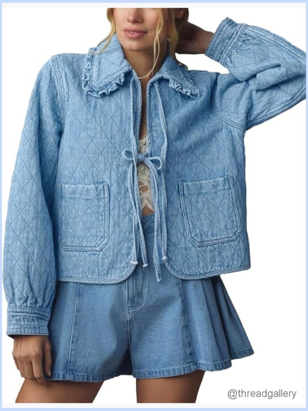 Vintage Denim Jacket Peter Pan Collar Tie Front Oversized Shacket - Picture 1 of 7